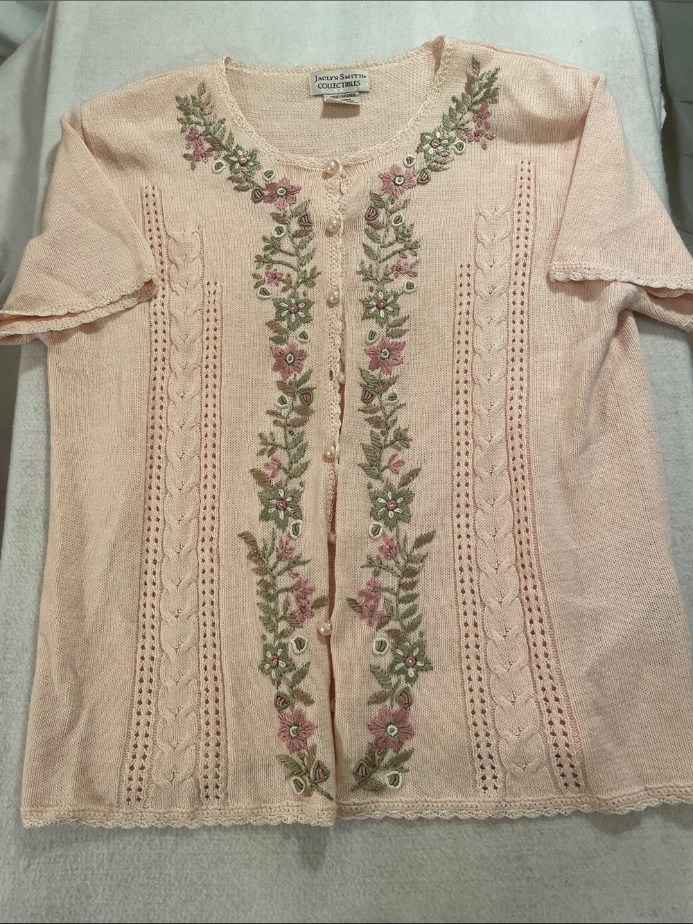 Jaclyn Smith Pale Pink Floral Embroidered Short-Sleeve Cardigan
